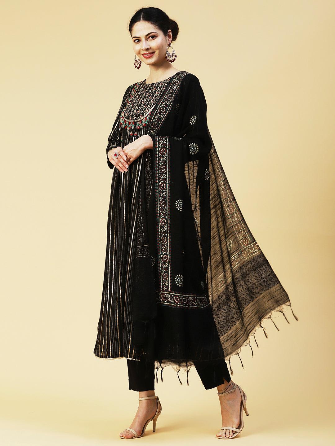 Lurex Striped & Floral Embroidered A-Line Kurta with Pant & Dupatta - Black - Indiakreations