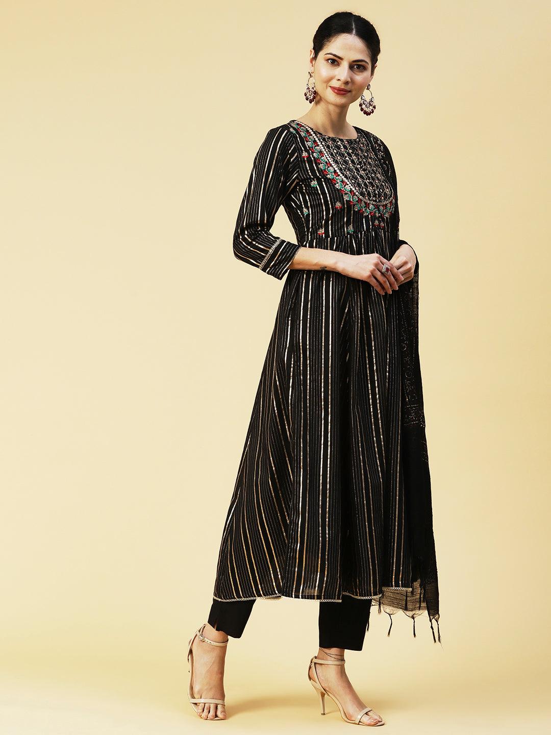 Lurex Striped & Floral Embroidered A-Line Kurta with Pant & Dupatta - Black - Indiakreations