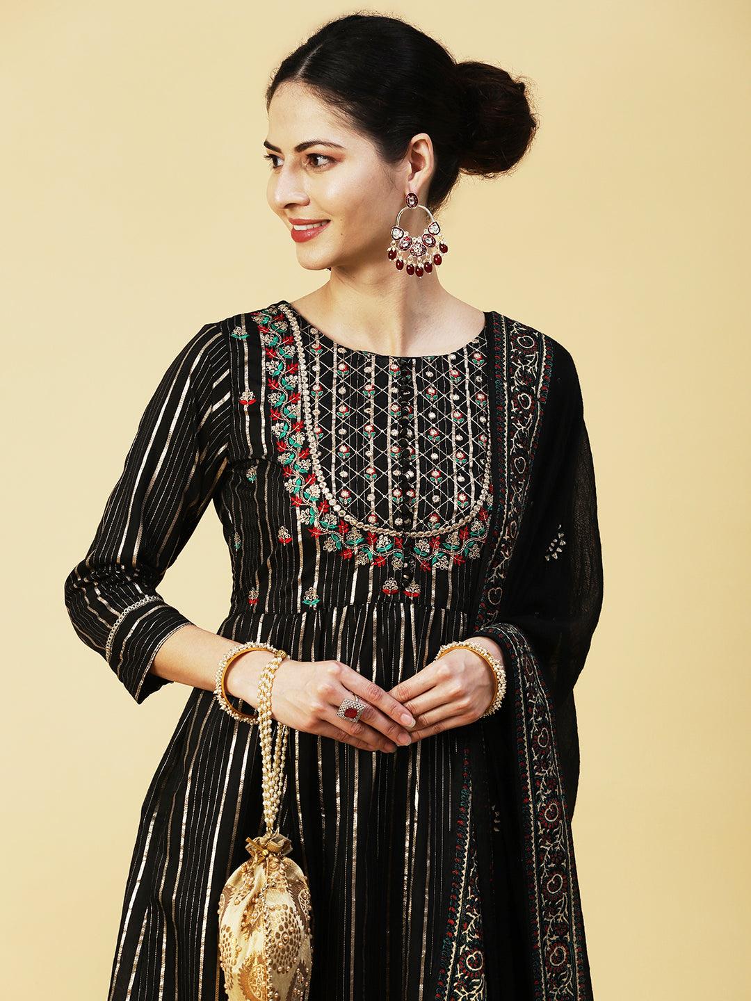 Lurex Striped & Floral Embroidered A-Line Kurta with Pant & Dupatta - Black - Indiakreations