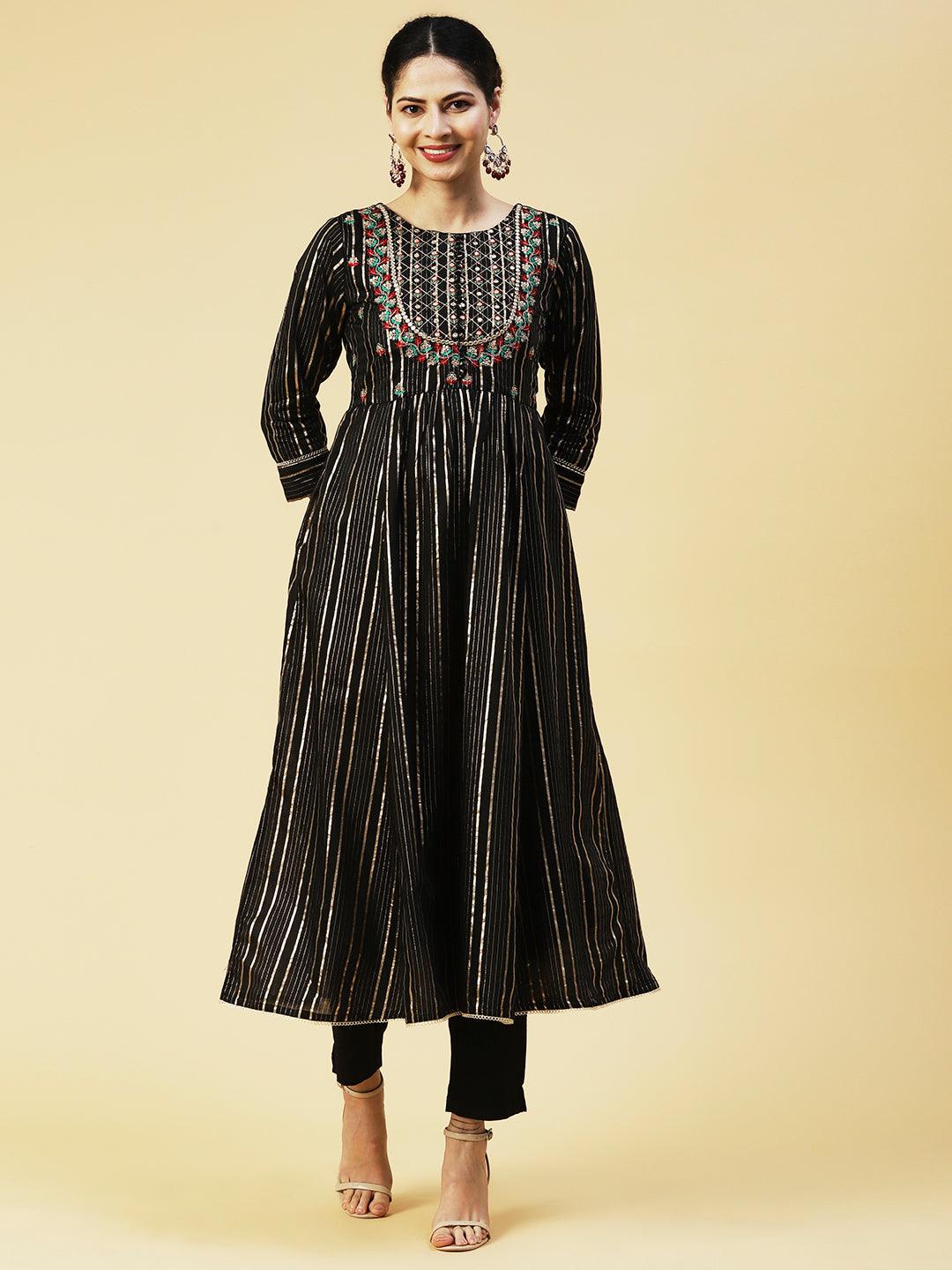 Lurex Striped & Floral Embroidered A-Line Kurta with Pant & Dupatta - Black - Indiakreations