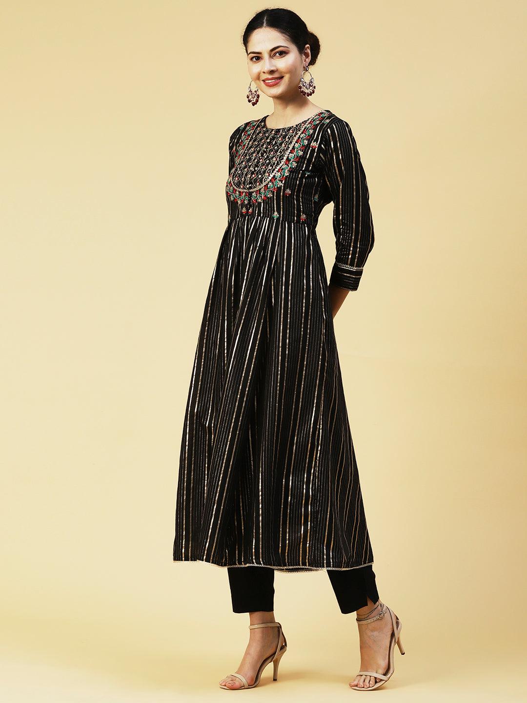 Lurex Striped & Floral Embroidered A-Line Kurta with Pant & Dupatta - Black - Indiakreations