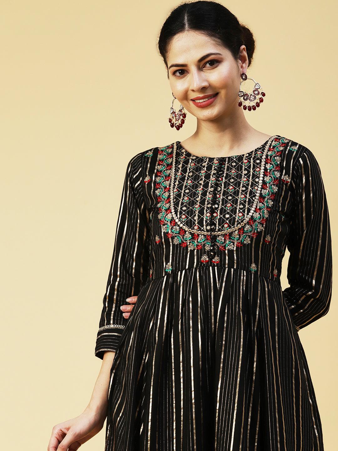 Lurex Striped & Floral Embroidered A-Line Kurta with Pant & Dupatta - Black - Indiakreations