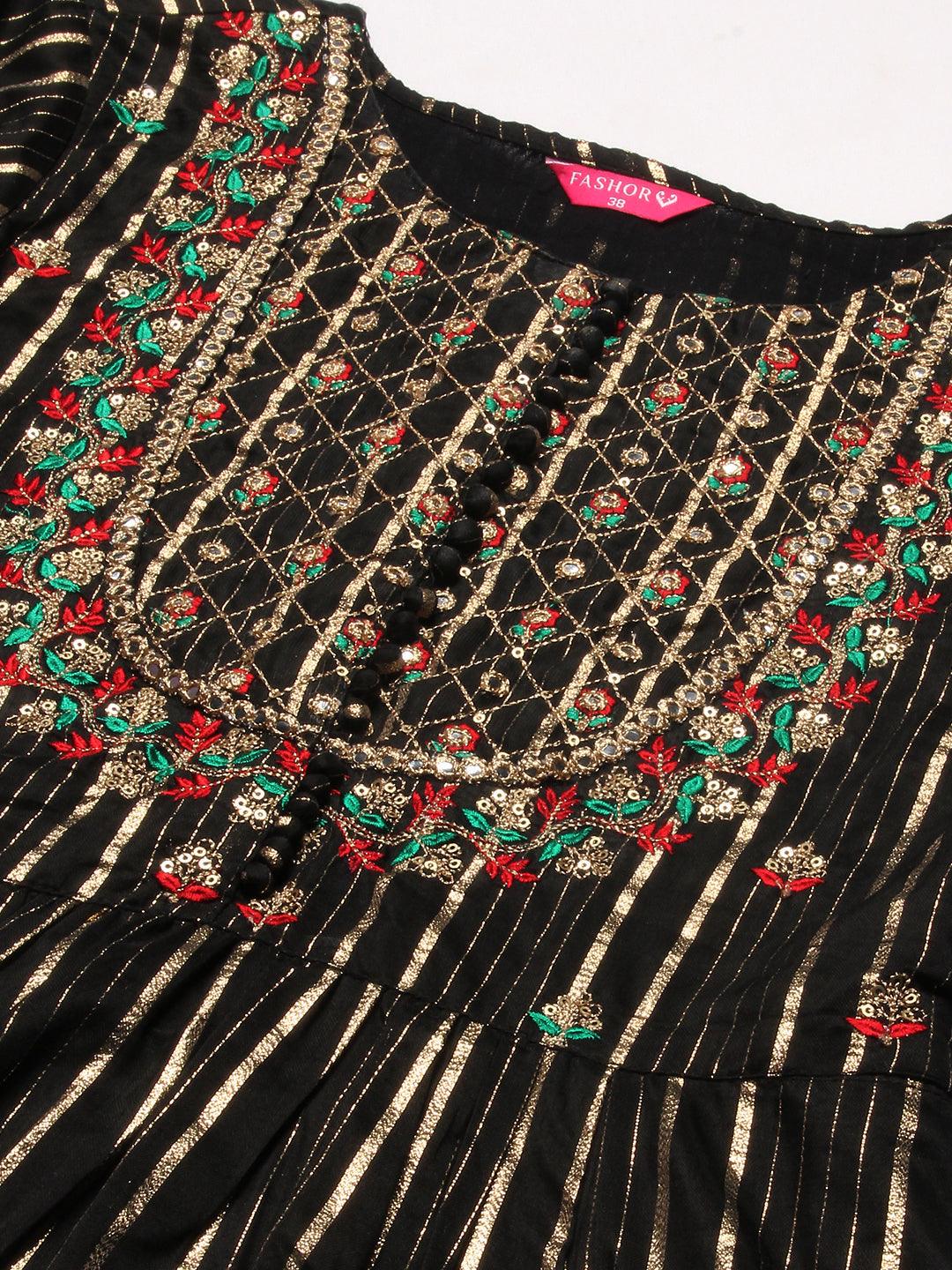 Lurex Striped & Floral Embroidered A-Line Kurta with Pant & Dupatta - Black - Indiakreations