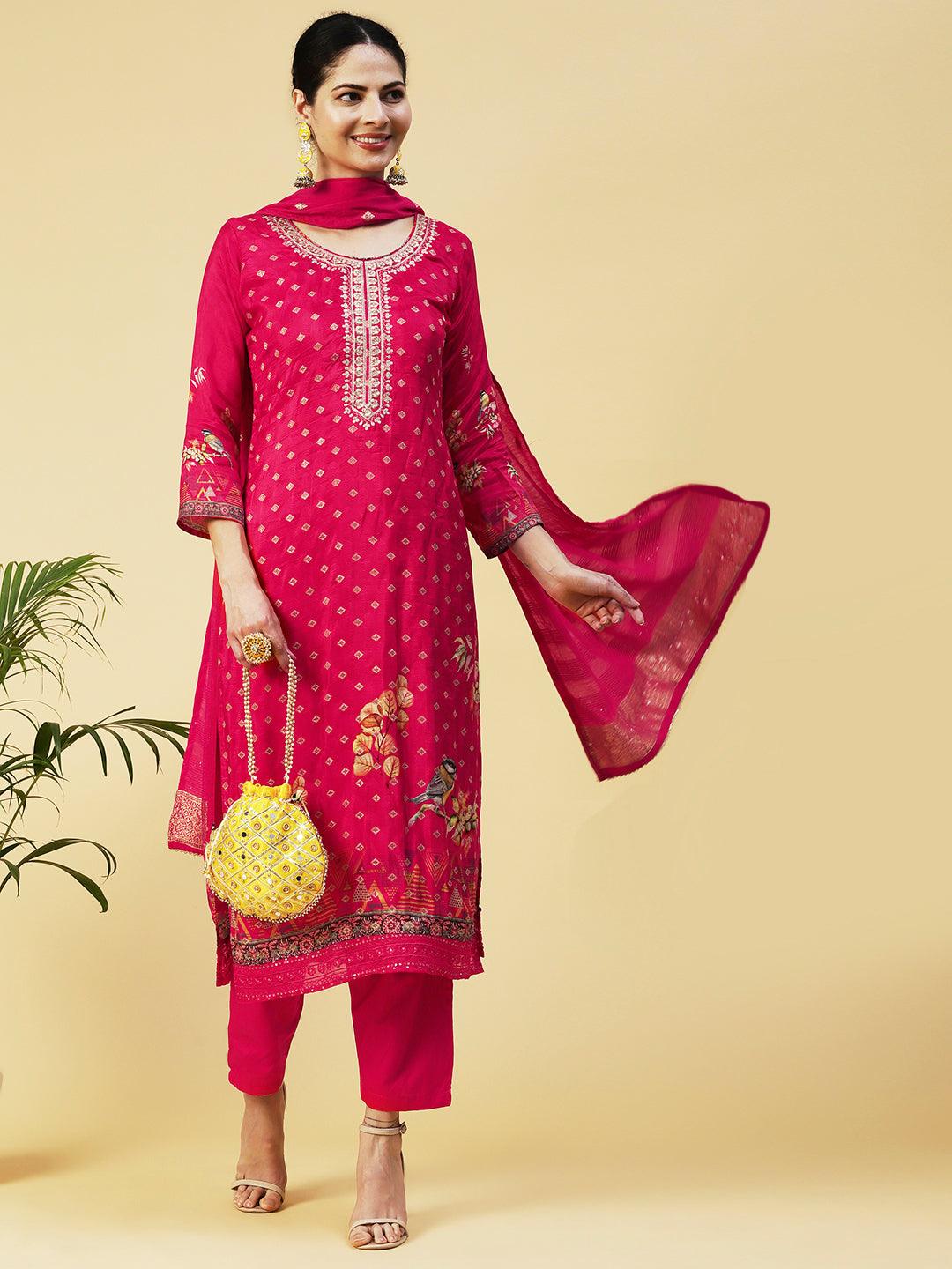 Floral Zari Embroidered Jacquard Kurta with Pants & Dupatta - Fuchsia - Indiakreations