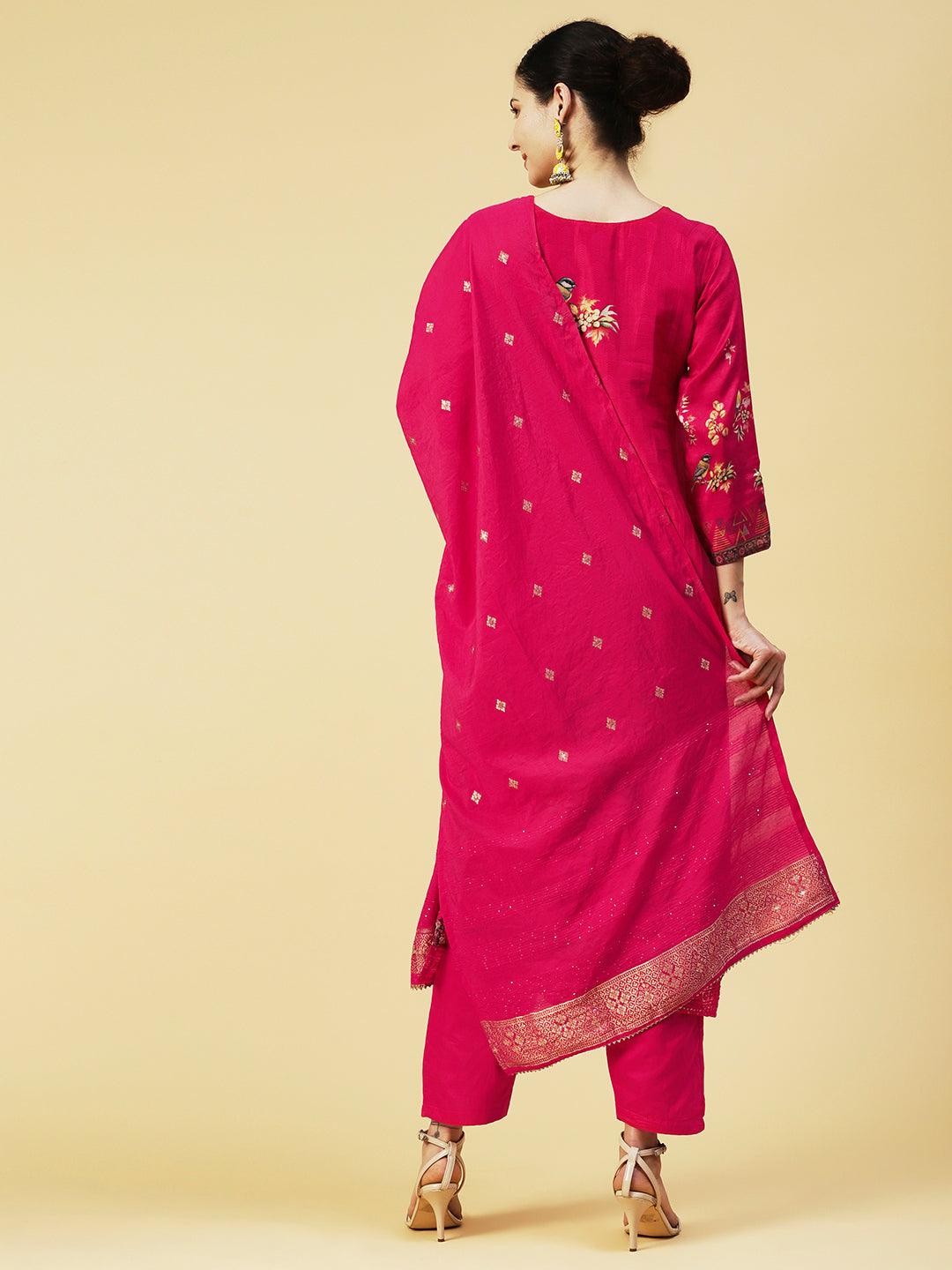 Floral Zari Embroidered Jacquard Kurta with Pants & Dupatta - Fuchsia - Indiakreations