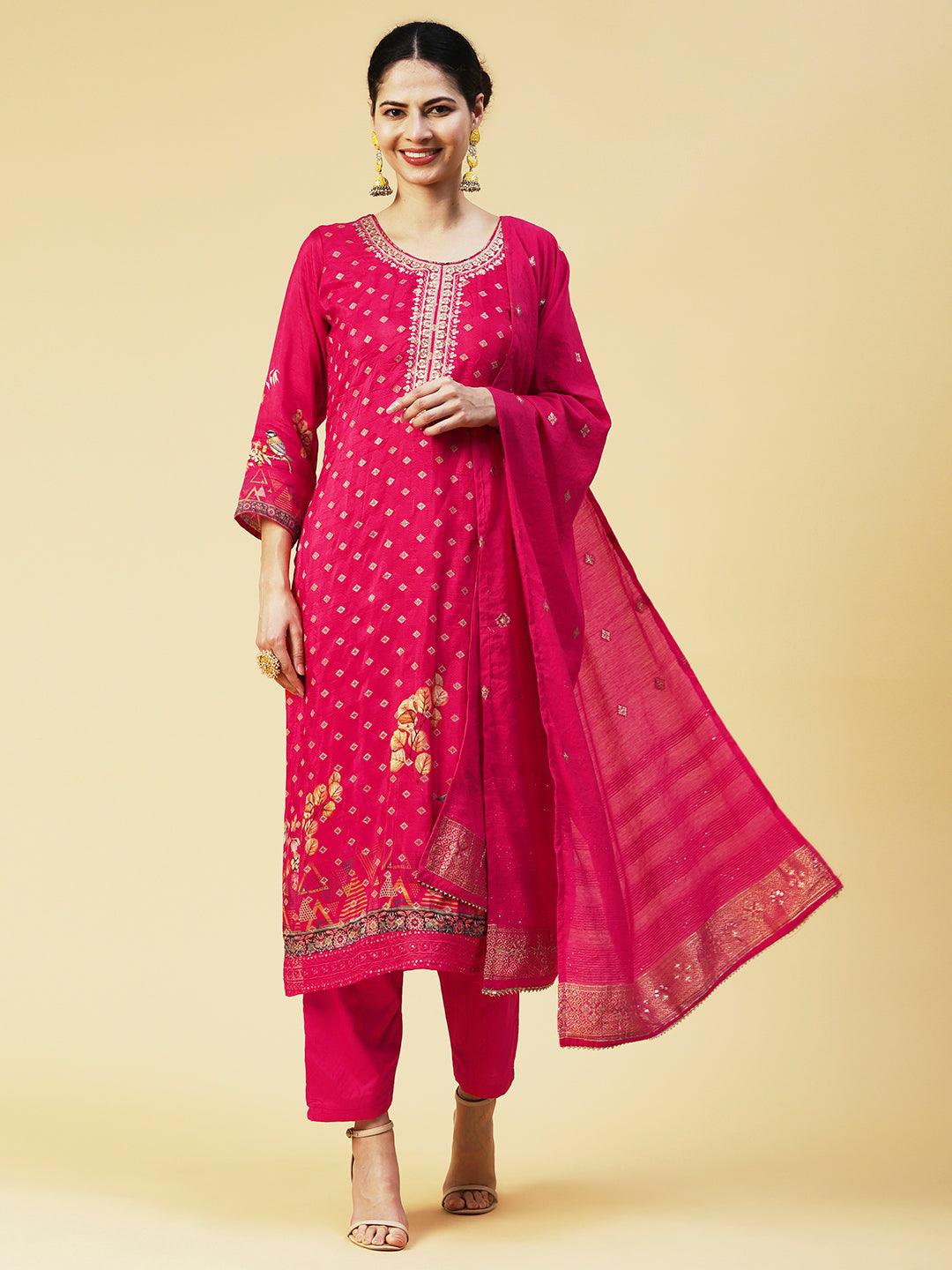 Floral Zari Embroidered Jacquard Kurta with Pants & Dupatta - Fuchsia - Indiakreations