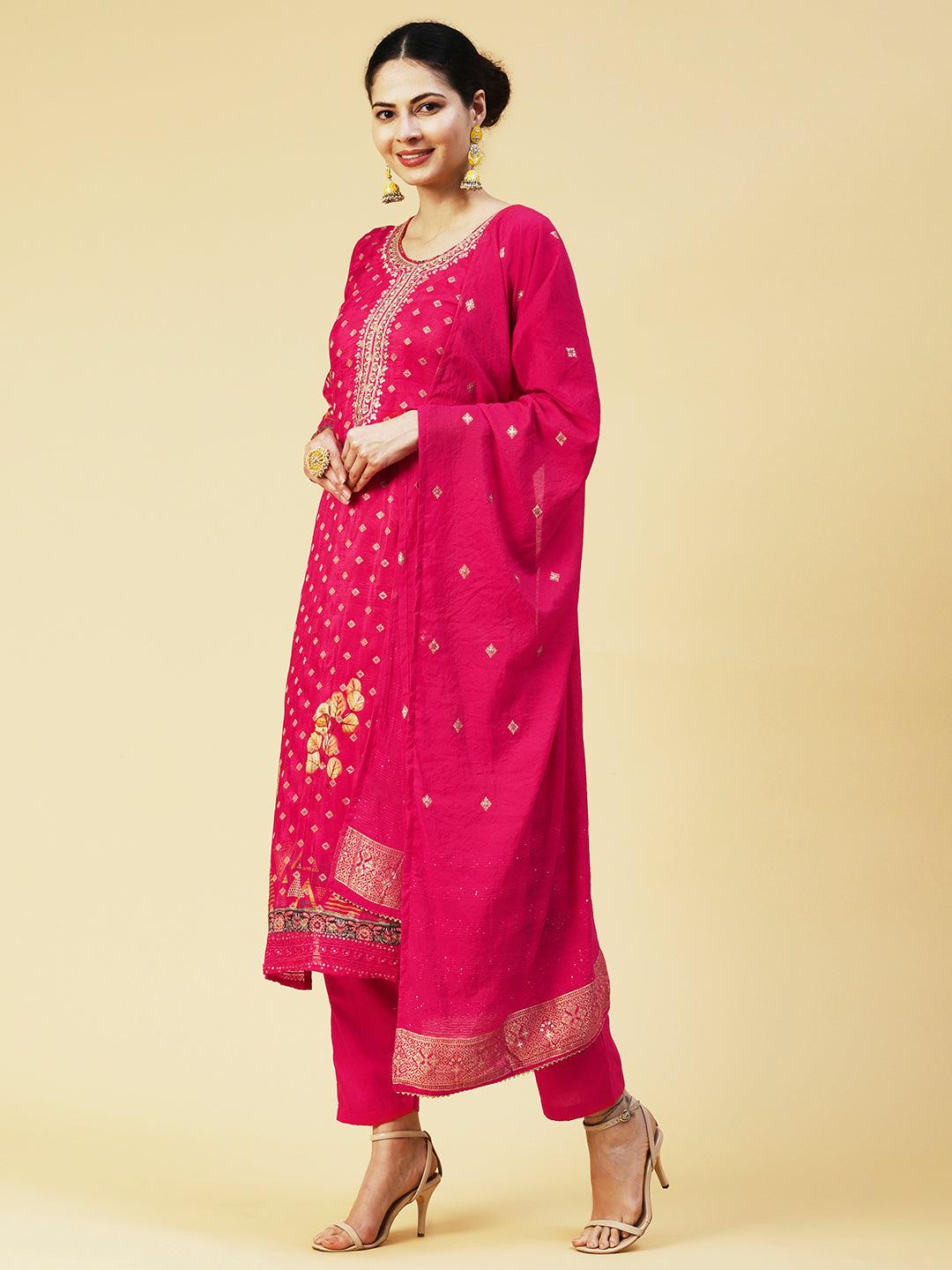 Floral Zari Embroidered Jacquard Kurta with Pants & Dupatta - Fuchsia - Indiakreations