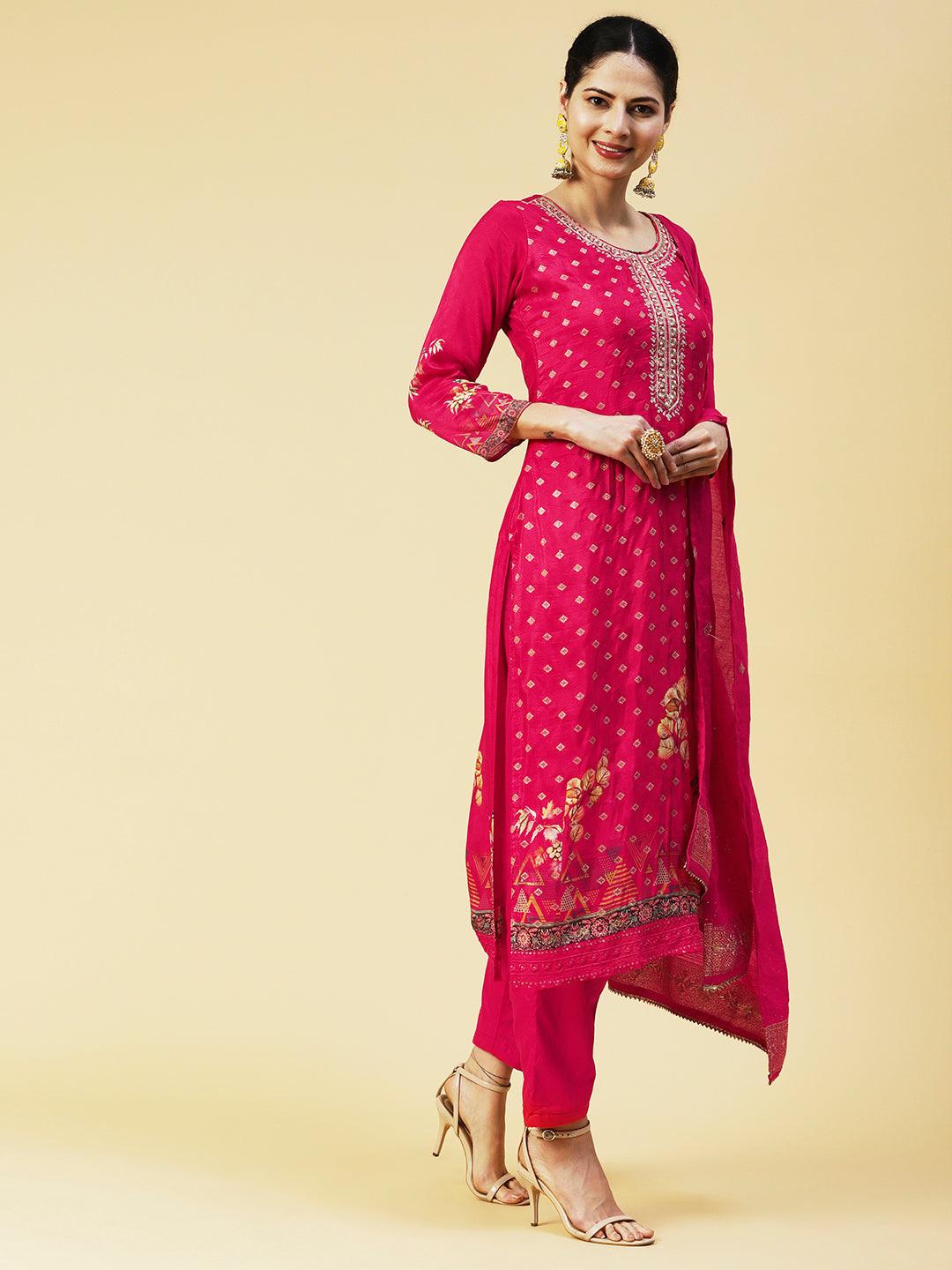 Floral Zari Embroidered Jacquard Kurta with Pants & Dupatta - Fuchsia - Indiakreations