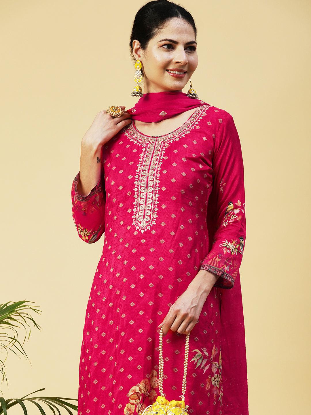 Floral Zari Embroidered Jacquard Kurta with Pants & Dupatta - Fuchsia - Indiakreations