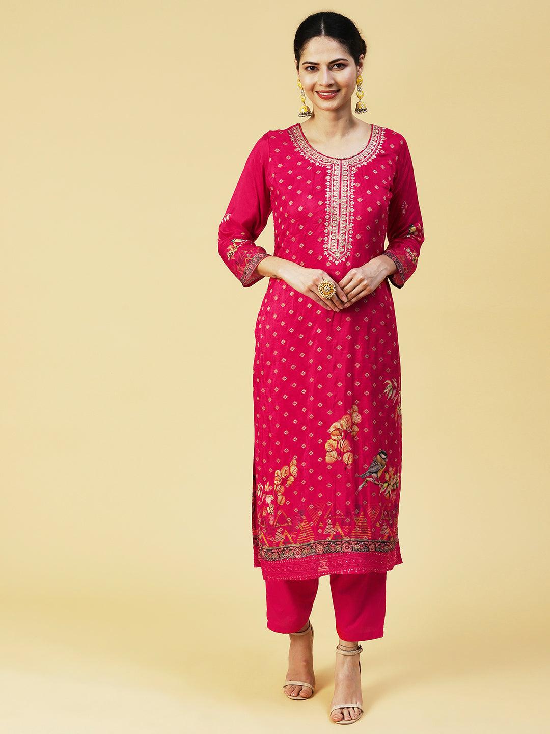 Floral Zari Embroidered Jacquard Kurta with Pants & Dupatta - Fuchsia - Indiakreations