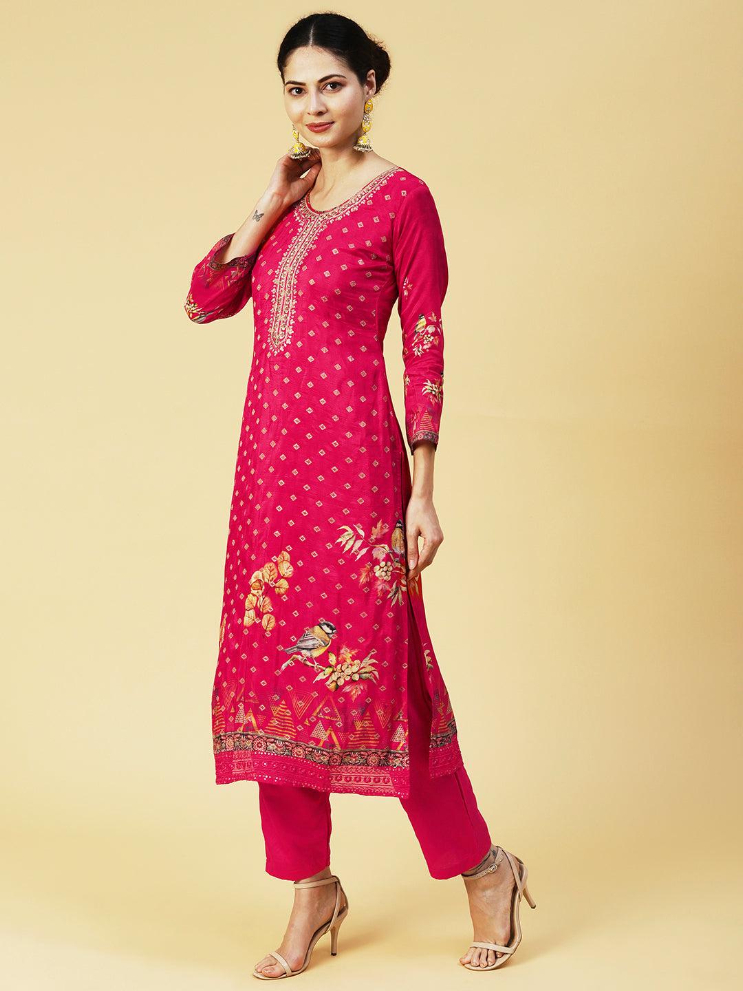 Floral Zari Embroidered Jacquard Kurta with Pants & Dupatta - Fuchsia - Indiakreations