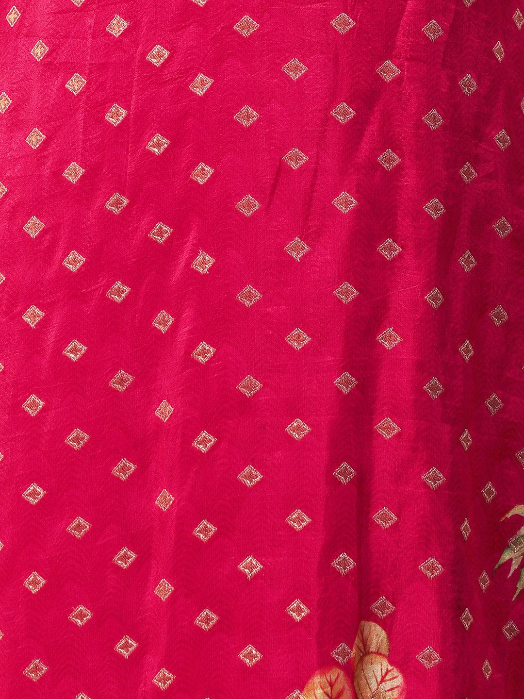 Floral Zari Embroidered Jacquard Kurta with Pants & Dupatta - Fuchsia - Indiakreations