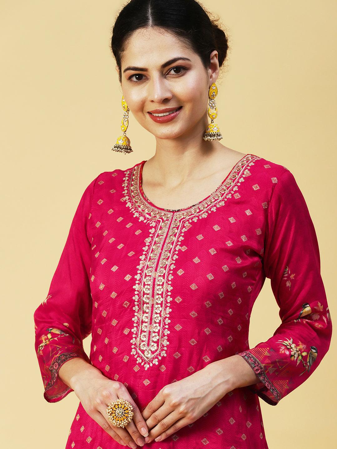 Floral Zari Embroidered Jacquard Kurta with Pants & Dupatta - Fuchsia - Indiakreations