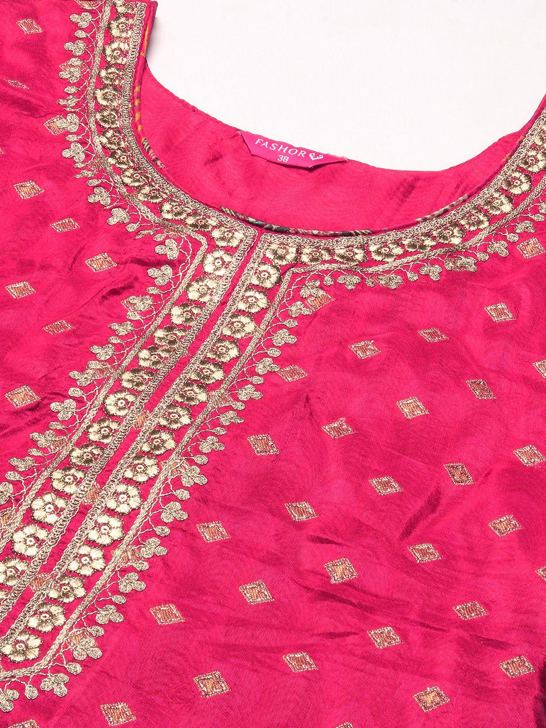 Floral Zari Embroidered Jacquard Kurta with Pants & Dupatta - Fuchsia - Indiakreations