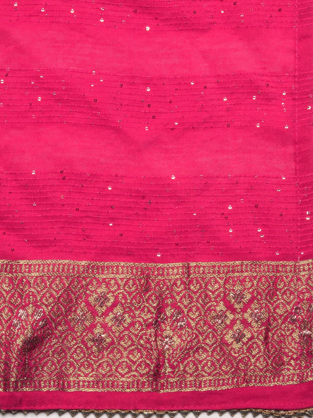 Floral Zari Embroidered Jacquard Kurta with Pants & Dupatta - Fuchsia - Indiakreations