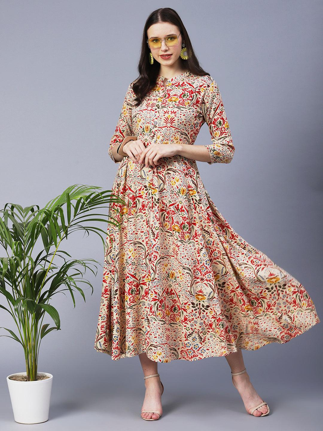 Floral Printed Mirror Embroidered Midi Dress - Cream & Multi - Indiakreations