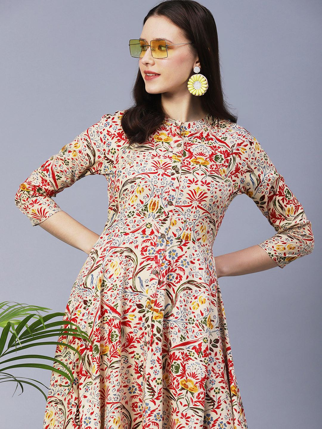 Floral Printed Mirror Embroidered Midi Dress - Cream & Multi - Indiakreations