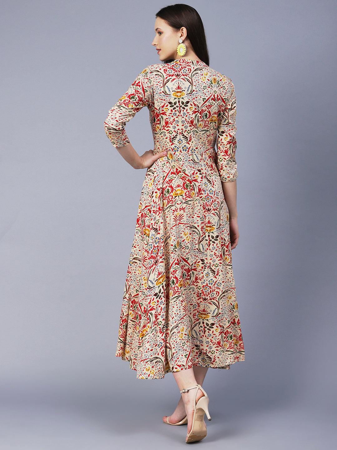 Floral Printed Mirror Embroidered Midi Dress - Cream & Multi - Indiakreations