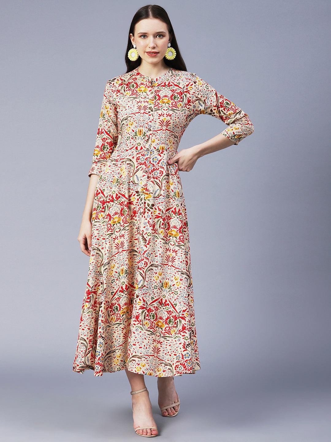 Floral Printed Mirror Embroidered Midi Dress - Cream & Multi - Indiakreations