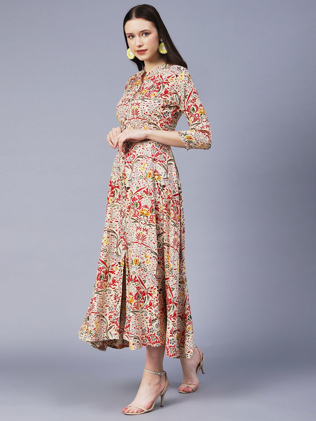 Floral Printed Mirror Embroidered Midi Dress - Cream & Multi - Indiakreations