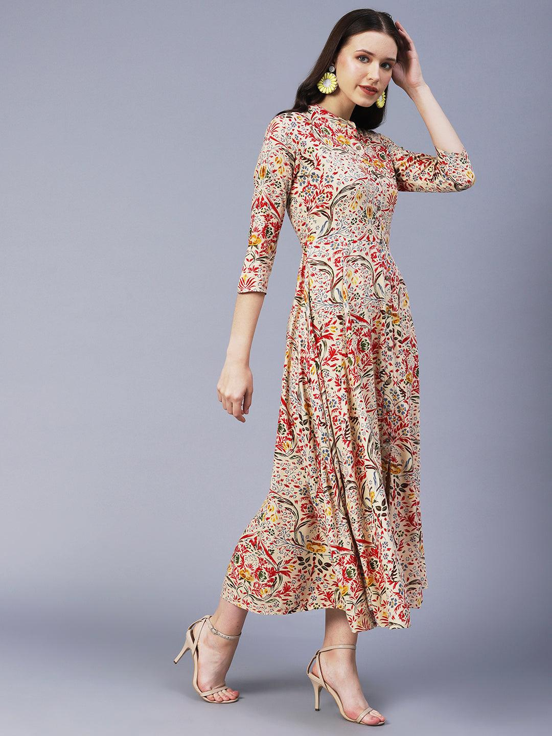 Floral Printed Mirror Embroidered Midi Dress - Cream & Multi - Indiakreations