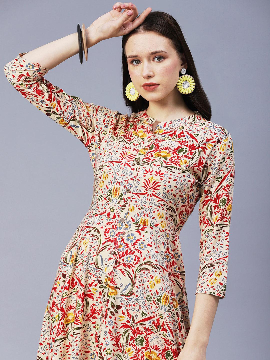 Floral Printed Mirror Embroidered Midi Dress - Cream & Multi - Indiakreations