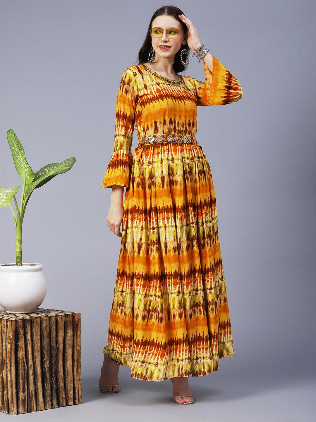 Abstract Printed Pleated Maxi Dress With Mirror Embroidered Belt - Mustard - Indiakreations