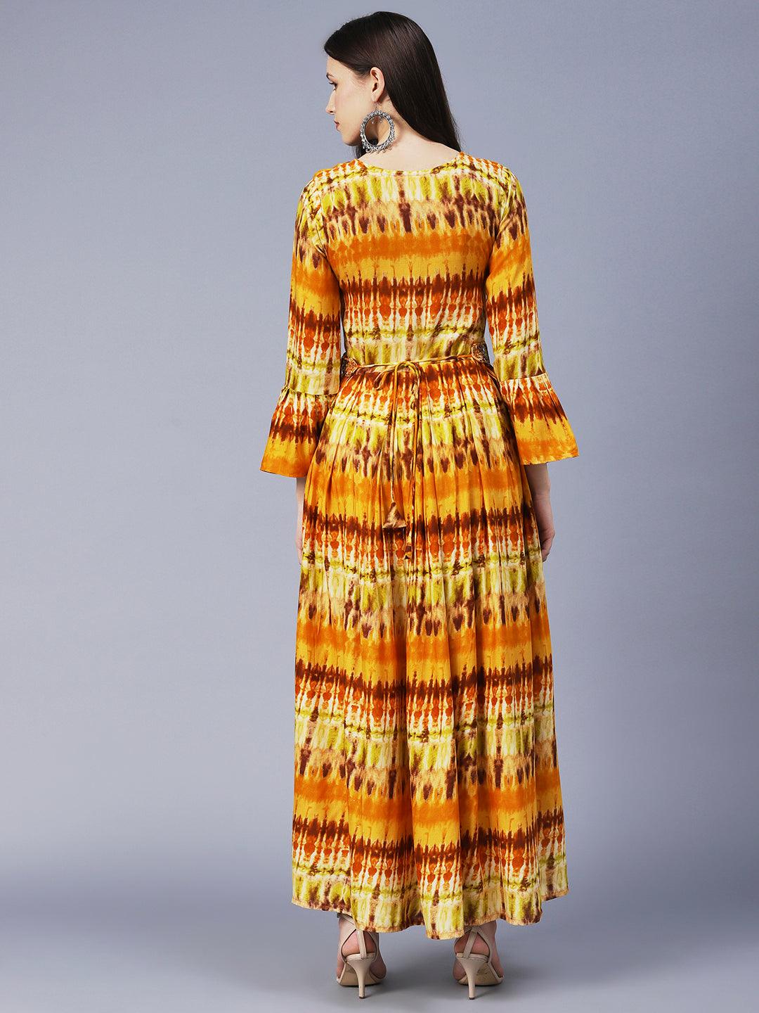 Abstract Printed Pleated Maxi Dress With Mirror Embroidered Belt - Mustard - Indiakreations