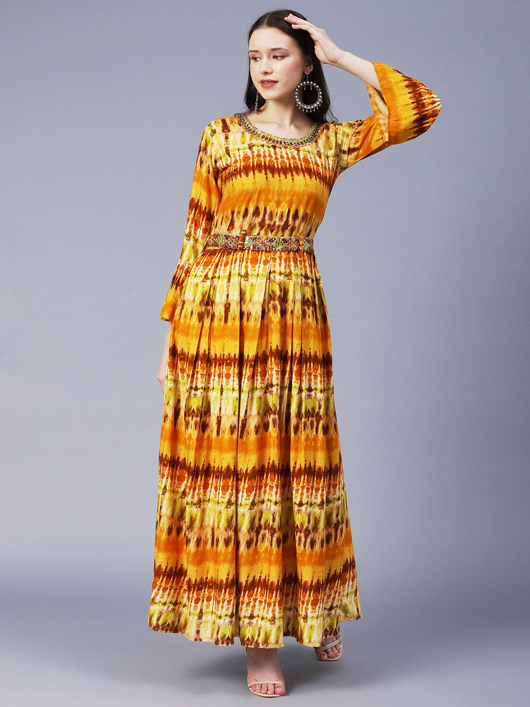 Abstract Printed Pleated Maxi Dress With Mirror Embroidered Belt - Mustard - Indiakreations