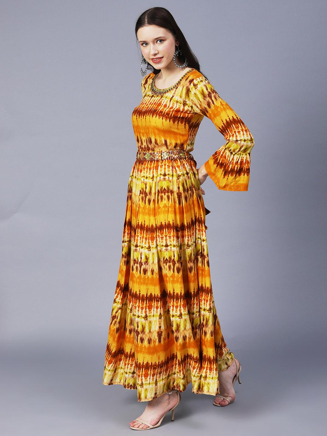 Abstract Printed Pleated Maxi Dress With Mirror Embroidered Belt - Mustard - Indiakreations