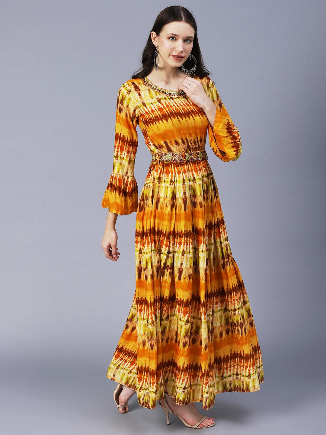 Abstract Printed Pleated Maxi Dress With Mirror Embroidered Belt - Mustard - Indiakreations