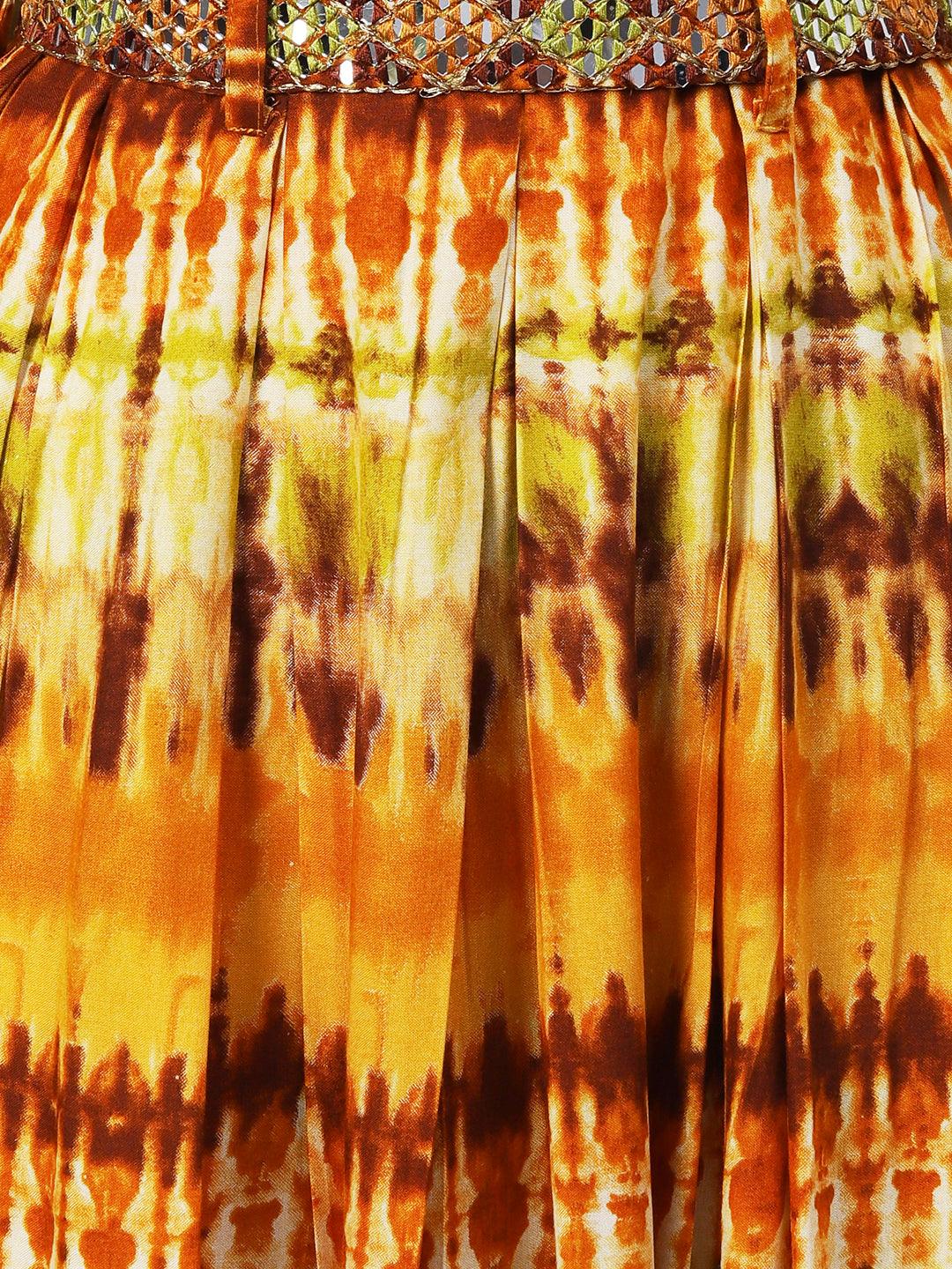 Abstract Printed Pleated Maxi Dress With Mirror Embroidered Belt - Mustard - Indiakreations