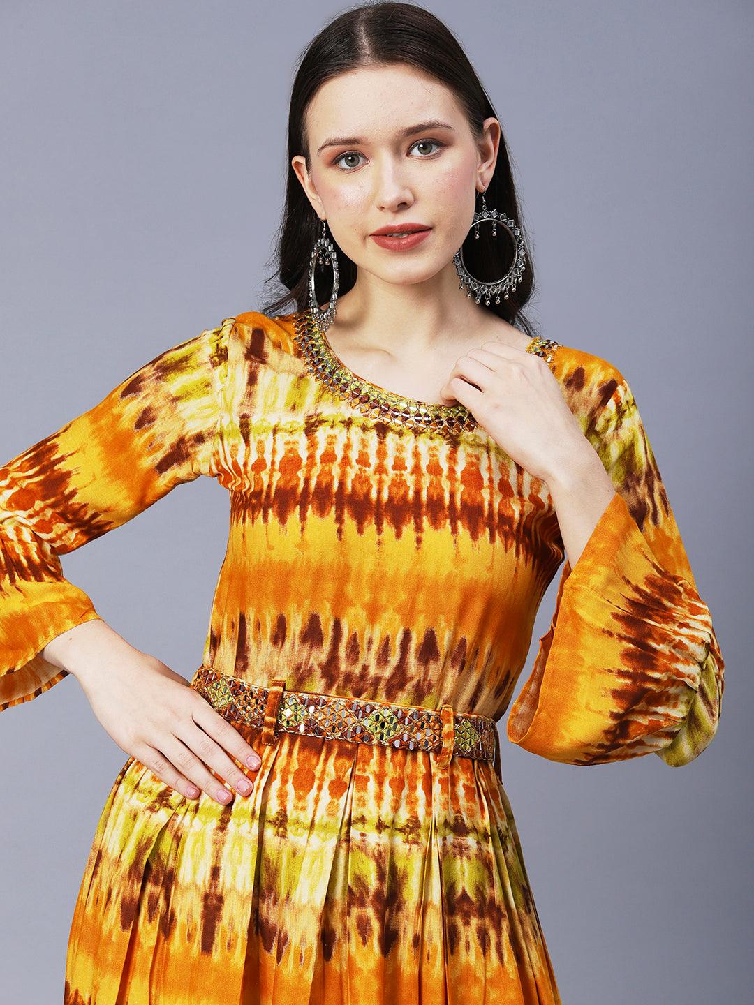 Abstract Printed Pleated Maxi Dress With Mirror Embroidered Belt - Mustard - Indiakreations