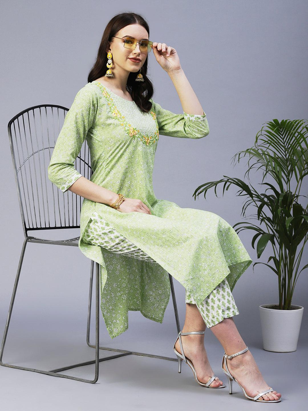 Floral Printed Resham Embroidered Kurta With Floral Pants - Lime Green - Indiakreations