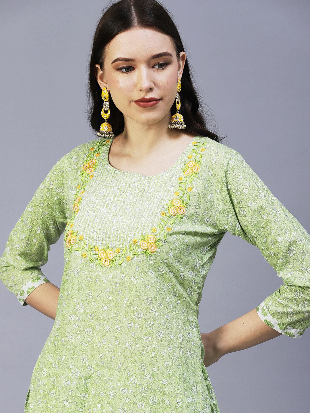 Floral Printed Resham Embroidered Kurta With Floral Pants - Lime Green - Indiakreations