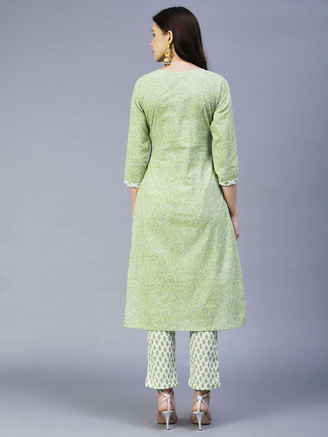 Floral Printed Resham Embroidered Kurta With Floral Pants - Lime Green - Indiakreations