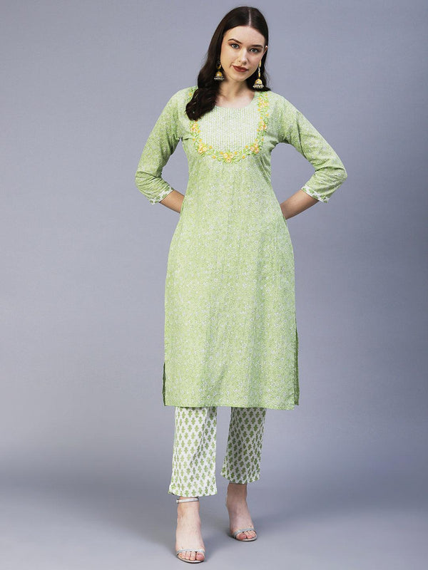 Floral Printed Resham Embroidered Kurta With Floral Pants - Lime Green - Indiakreations