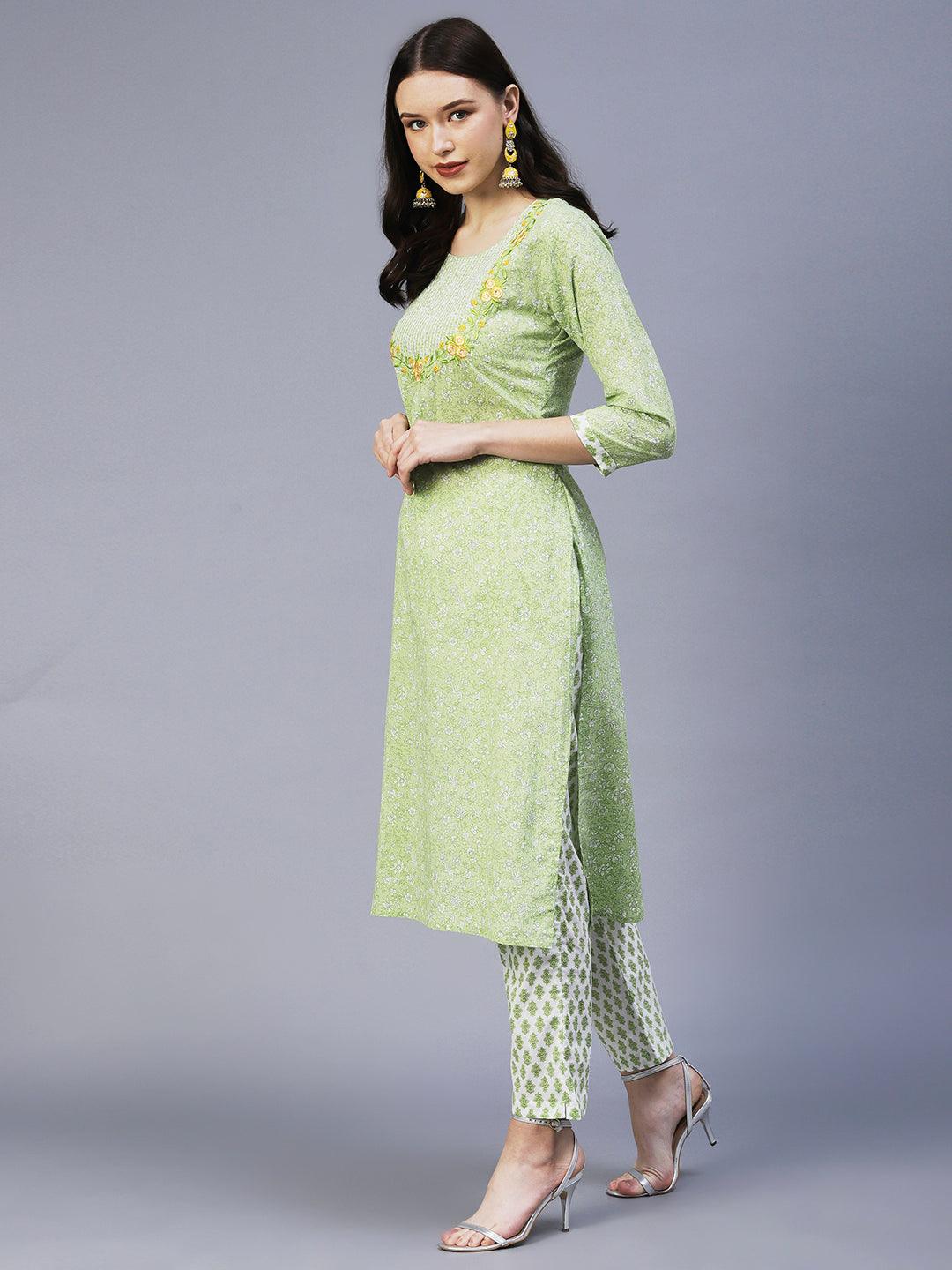 Floral Printed Resham Embroidered Kurta With Floral Pants - Lime Green - Indiakreations