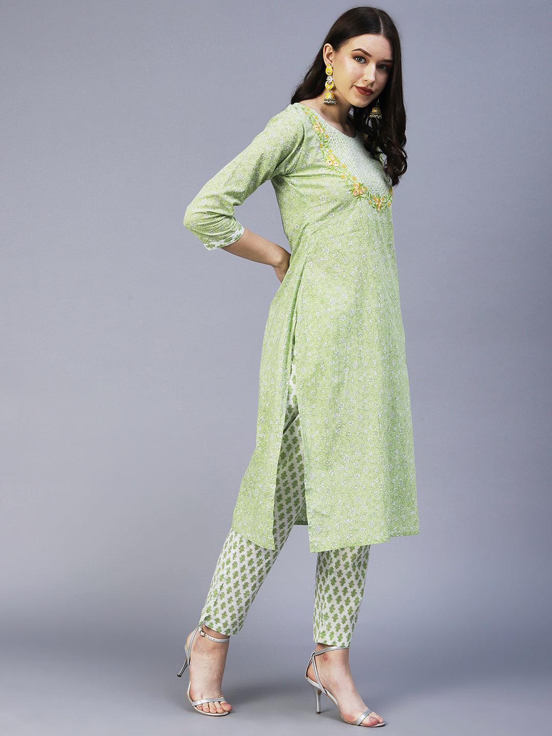 Floral Printed Resham Embroidered Kurta With Floral Pants - Lime Green - Indiakreations