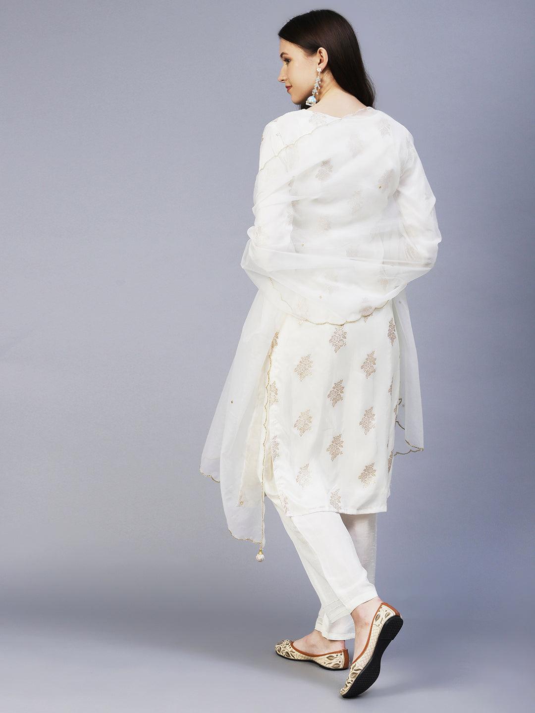 Zari Jacquard Hand Embroidered Kurta With Pants & Embroidered Dupatta - Off White - Indiakreations