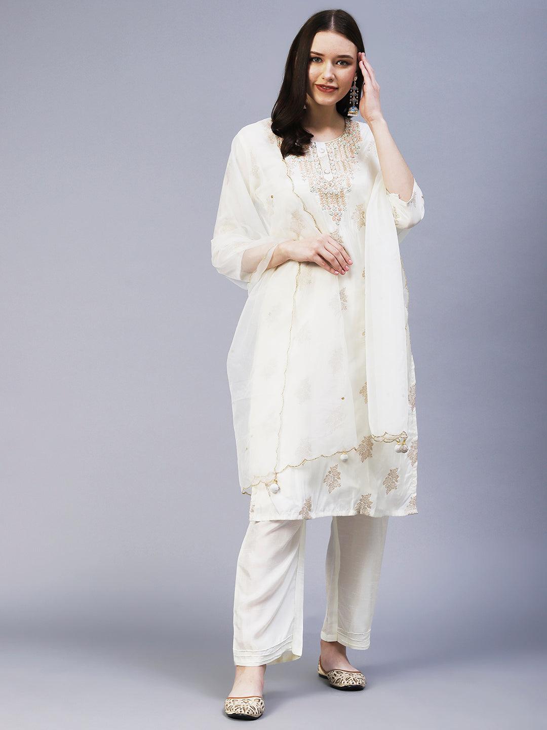 Zari Jacquard Hand Embroidered Kurta With Pants & Embroidered Dupatta - Off White - Indiakreations