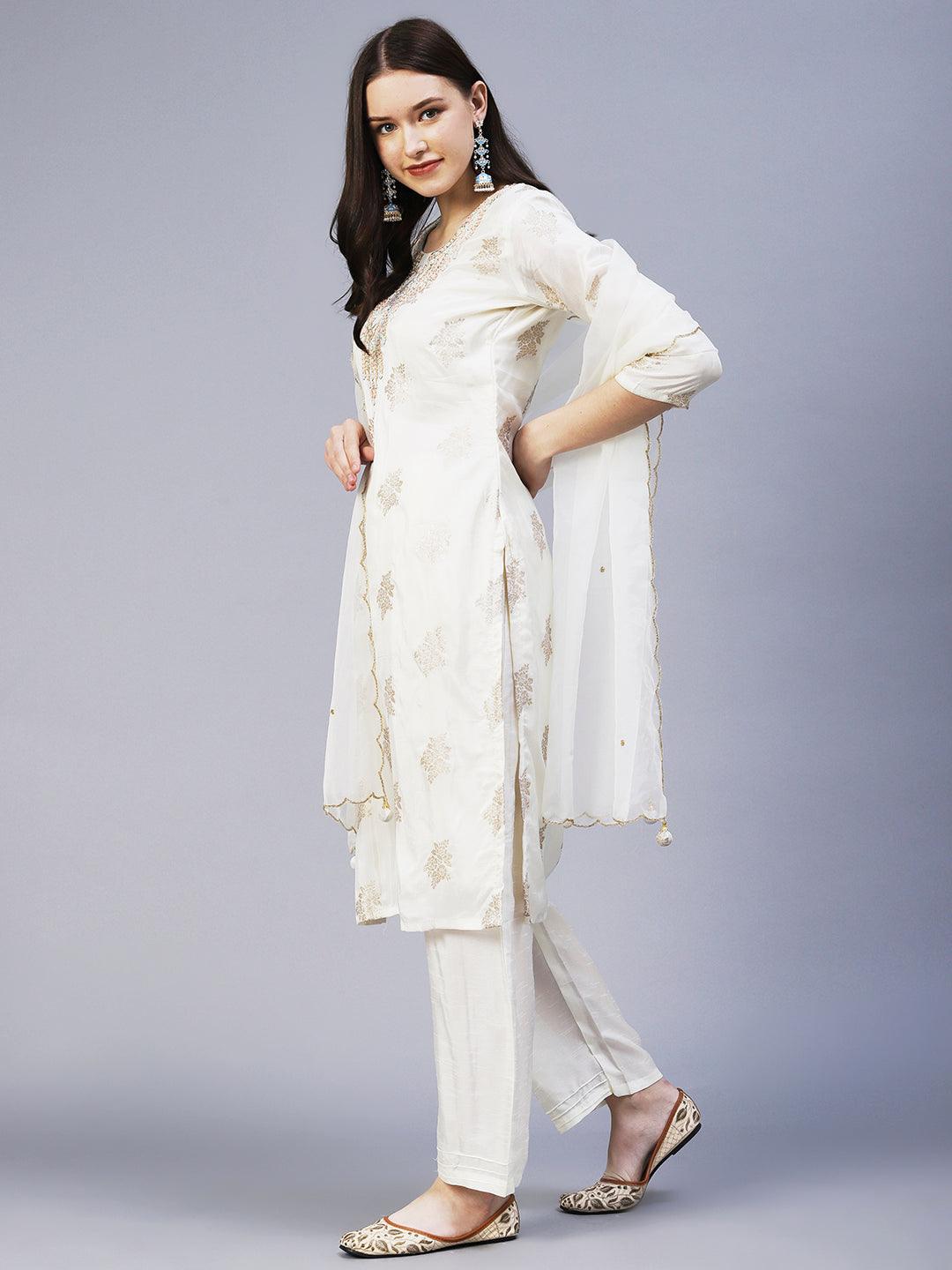 Zari Jacquard Hand Embroidered Kurta With Pants & Embroidered Dupatta - Off White - Indiakreations