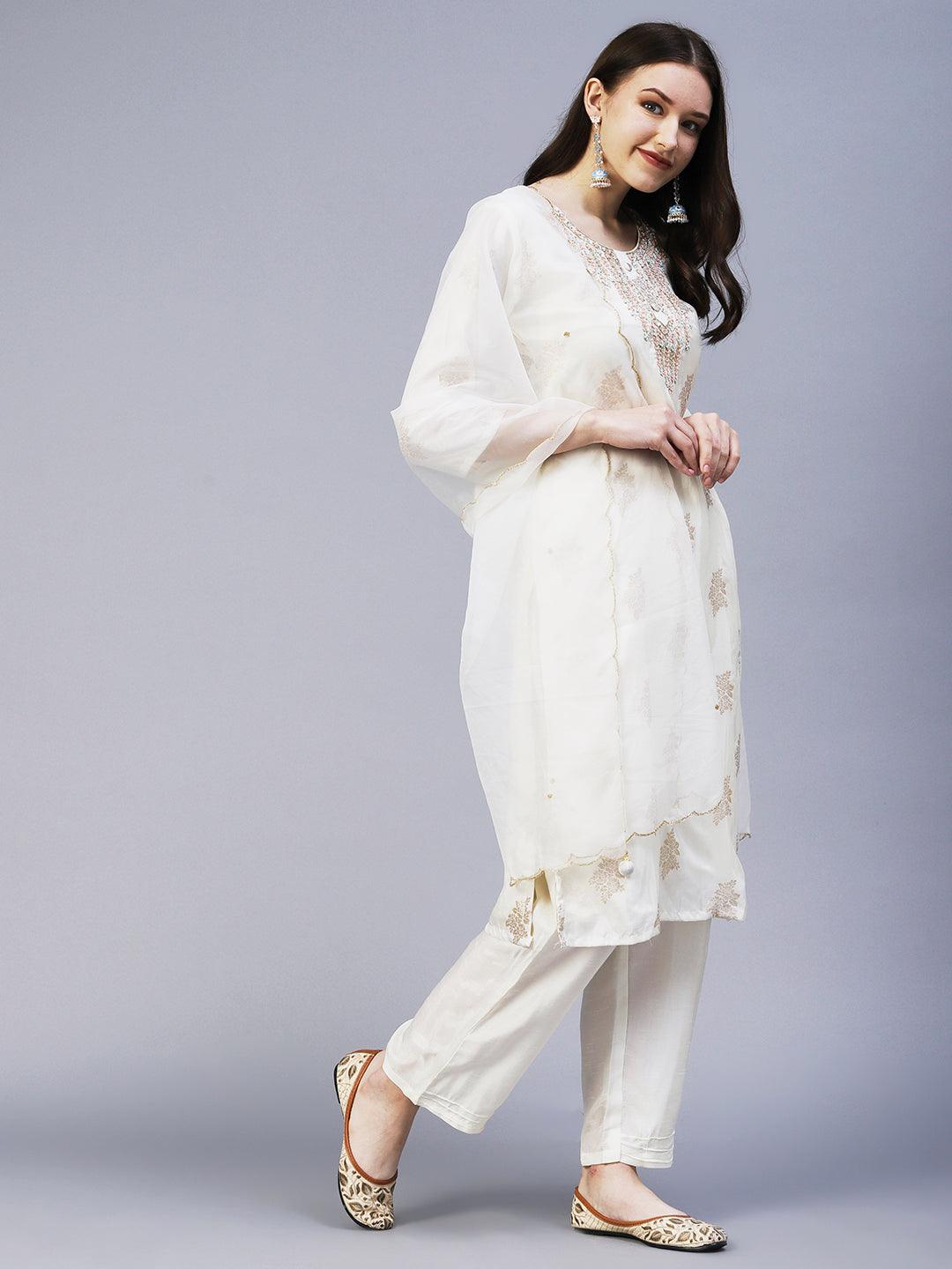 Zari Jacquard Hand Embroidered Kurta With Pants & Embroidered Dupatta - Off White - Indiakreations