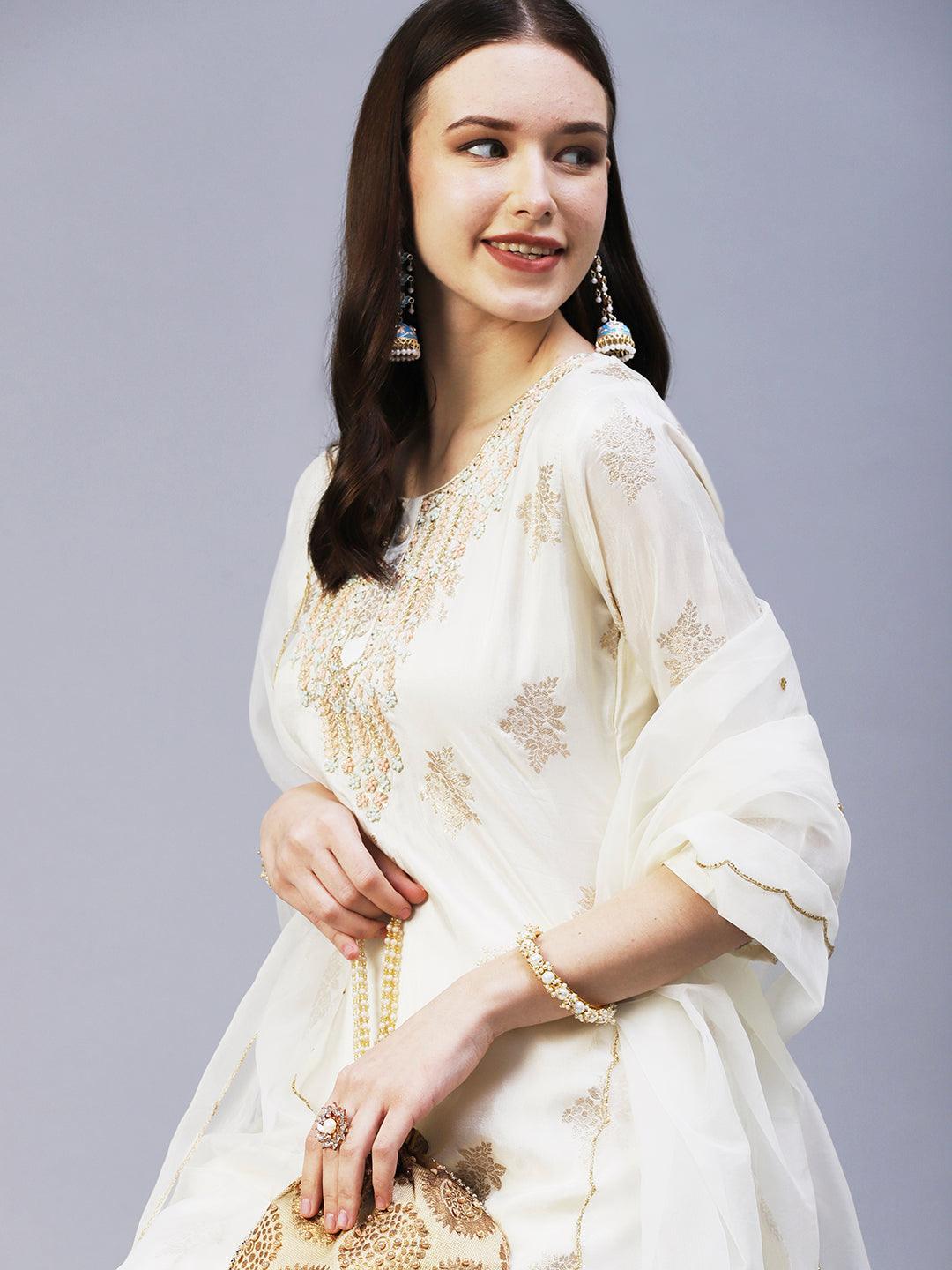 Zari Jacquard Hand Embroidered Kurta With Pants & Embroidered Dupatta - Off White - Indiakreations