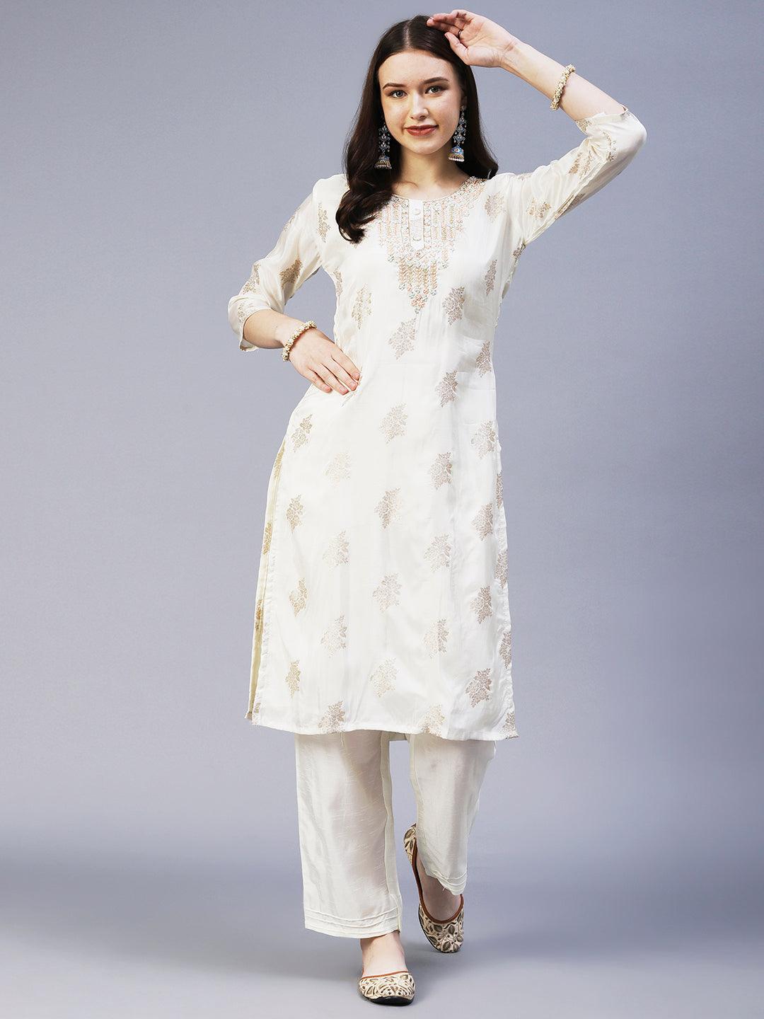 Zari Jacquard Hand Embroidered Kurta With Pants & Embroidered Dupatta - Off White - Indiakreations