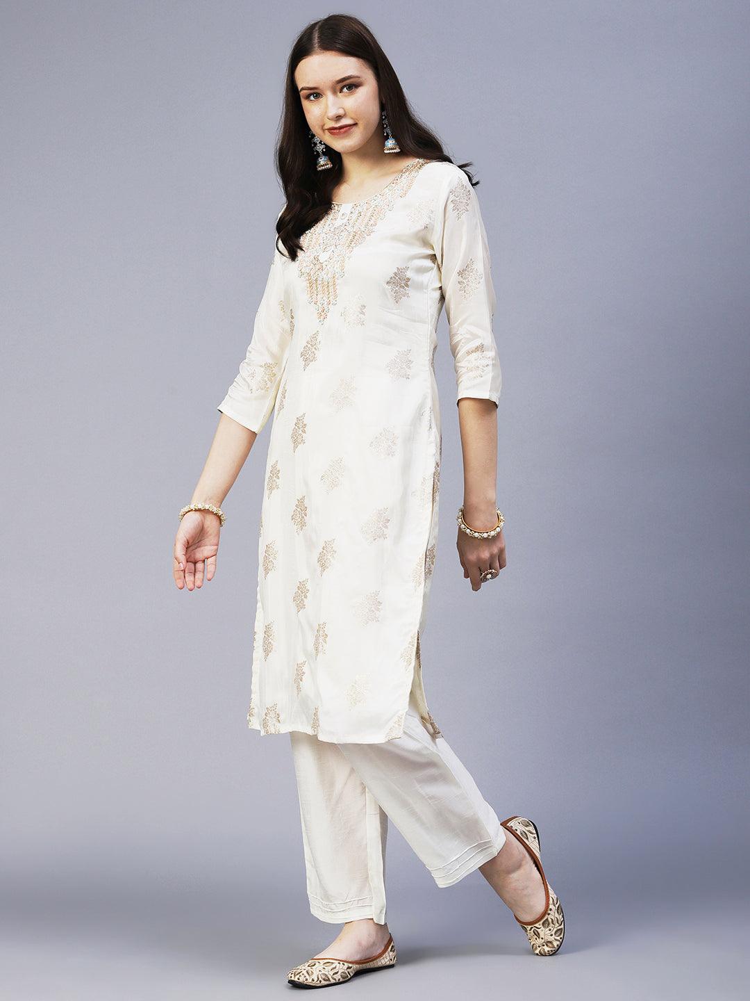 Zari Jacquard Hand Embroidered Kurta With Pants & Embroidered Dupatta - Off White - Indiakreations