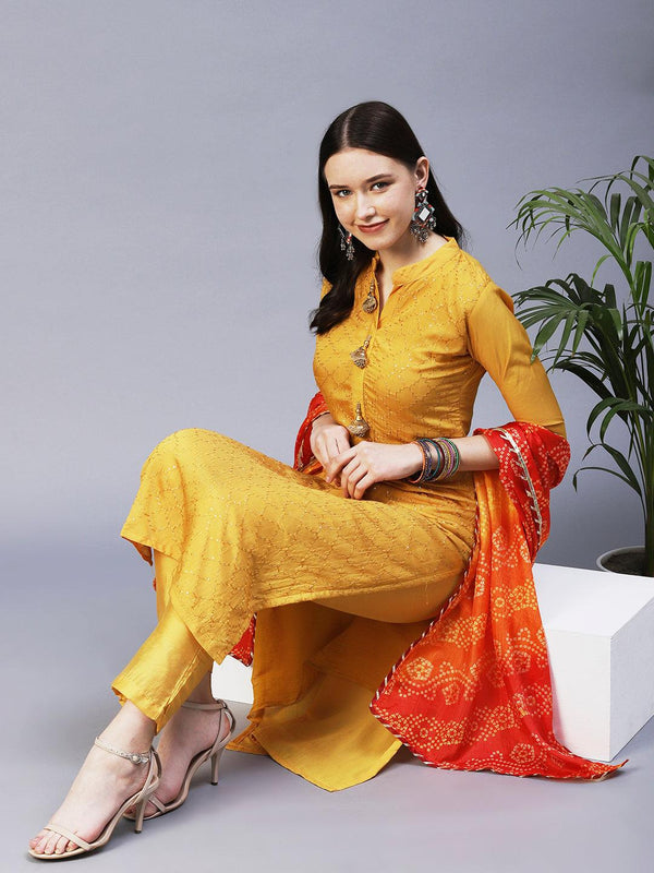 Solid Resham & Sequins Embroidered Kurta With Pants & Bandhani Dupatta - Mustard - Indiakreations