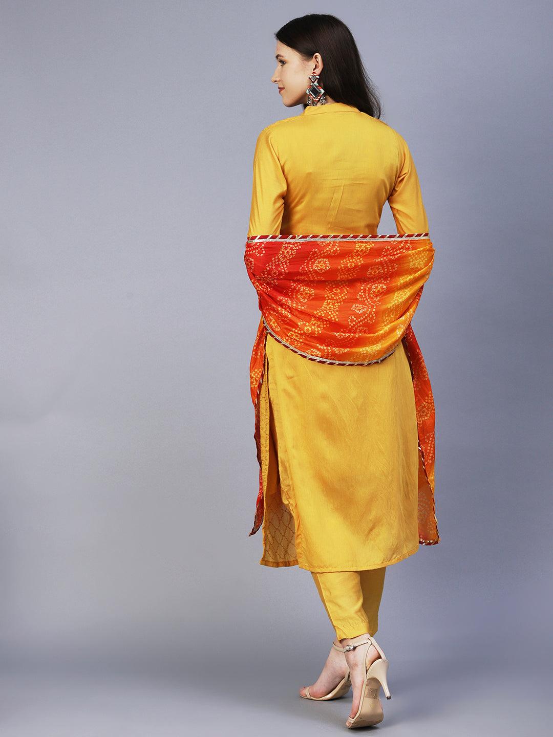 Solid Resham & Sequins Embroidered Kurta With Pants & Bandhani Dupatta - Mustard - Indiakreations