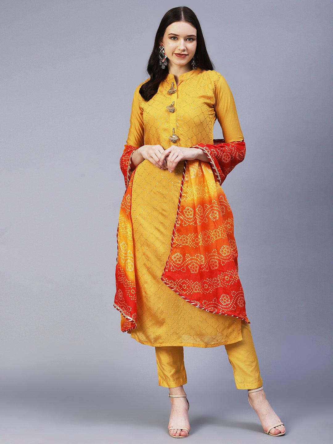 Solid Resham & Sequins Embroidered Kurta With Pants & Bandhani Dupatta - Mustard - Indiakreations