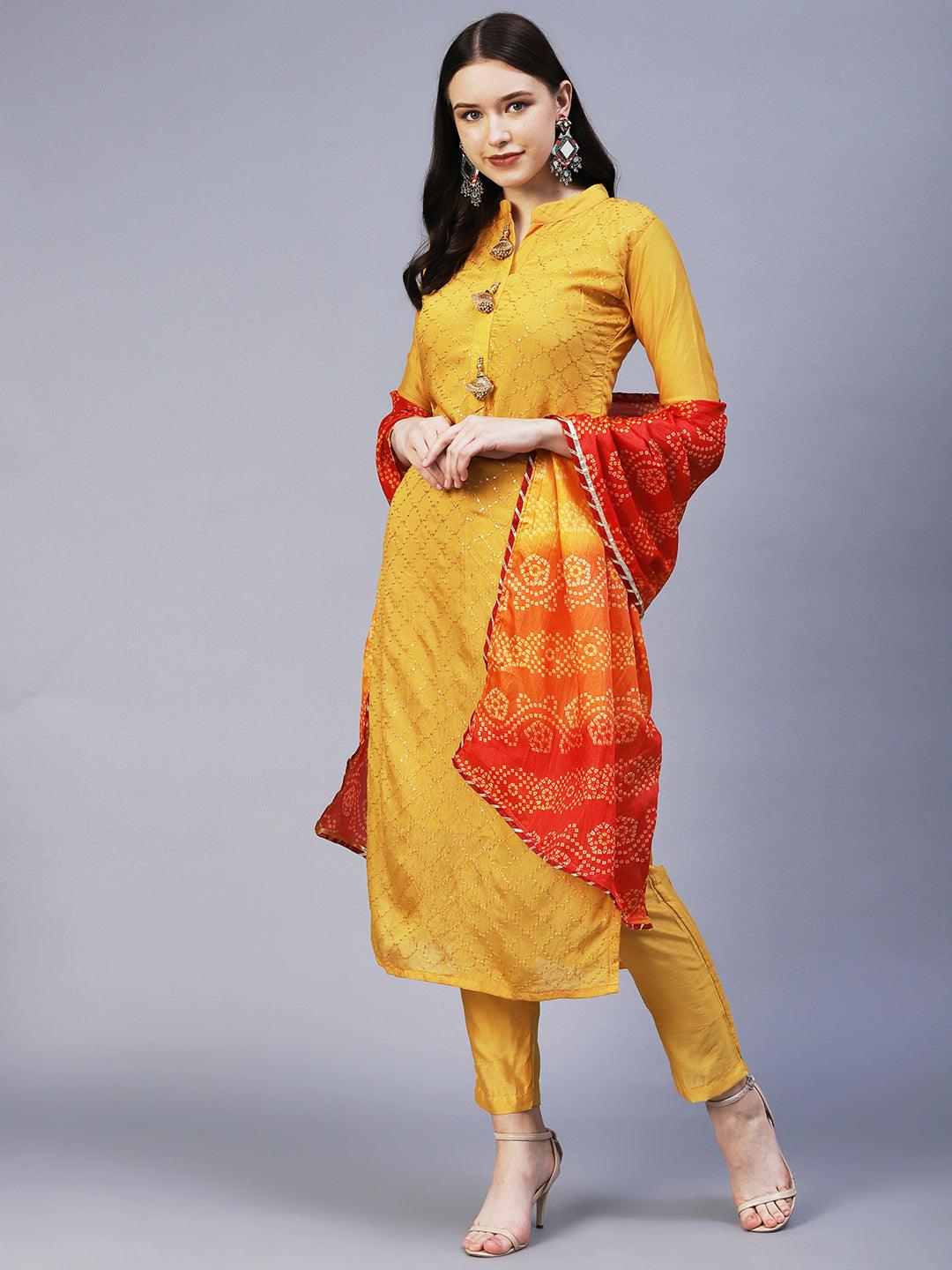 Solid Resham & Sequins Embroidered Kurta With Pants & Bandhani Dupatta - Mustard - Indiakreations